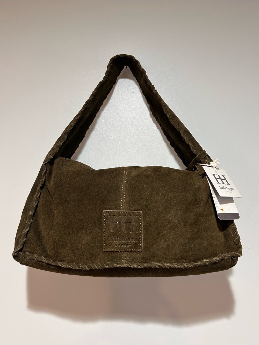 Haute Hippie Olive Suede Braided-Trim Shoulder Bag